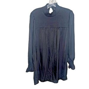 Elan Black Mock Neck Mini A Dress Long Sleeve Black Button Chic Sz M Lightweight